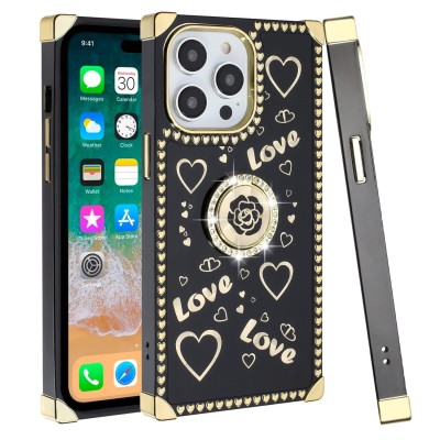 For Apple iPhone 11 (XI6.1) Passion Square Hearts Smiling Diamond Ring Stand Case Cover - Pink