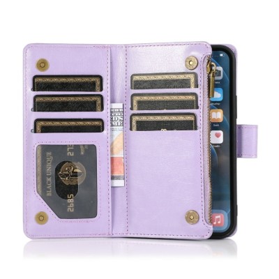 For Apple iPhone 11 (XI6.1) Purse Style Wallet Card ID Money Holder with Zip containing Long & Short Lanyard - Bright Purple