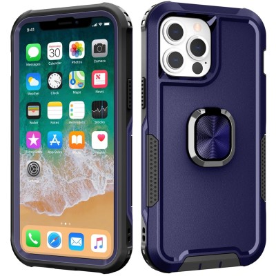 For Apple iPhone 11 (XI6.1) Robotic Hybrid with Magnetic Ring Stand Case Cover - Dark Blue