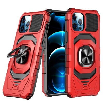For Apple iPhone 11 (XI6.1) Robotic Hybrid with Magnetic Ring Stand Case Cover - Red