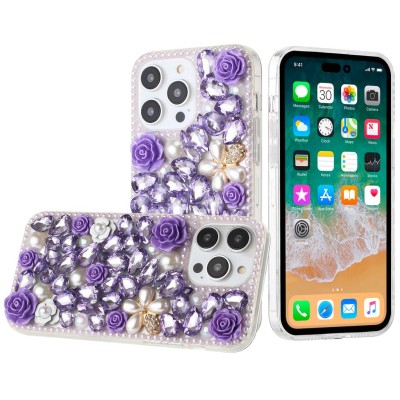 For Apple iPhone 11 (XI6.1) Rose Flower Full Diamond Bling Stones - Purple