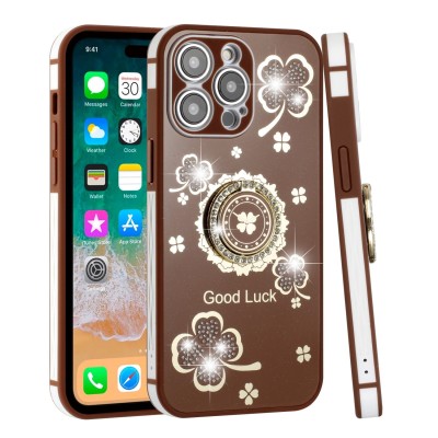 For Apple iPhone 11 (XI6.1) SPLENDID Glitter Good Luck Floral Design TPU Case Cover - Brown
