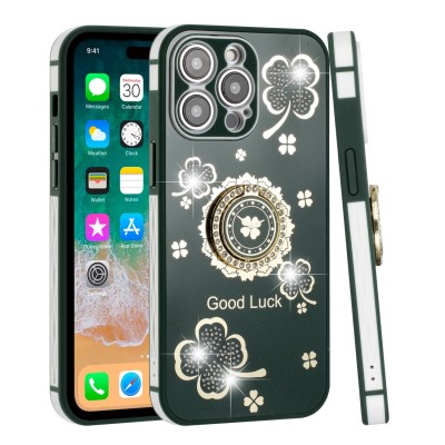 For Apple iPhone 11 (XI6.1) SPLENDID Glitter Good Luck Floral Design TPU Case Cover - Midnight Green