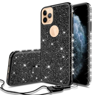 For Apple iPhone 11 (XI6.1) SQUARE Passion Glitter Diamond Ring Stand Case Cover - BLACK CHROME D