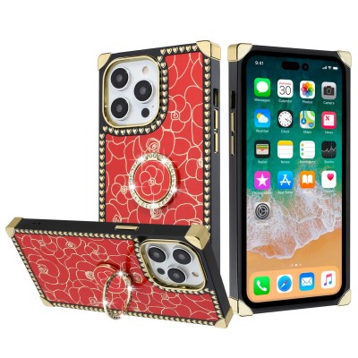 For Apple iPhone 11 (XI6.1) SQUARE Passion Glitter Diamond Ring Stand Case Cover - Floral Design Gold