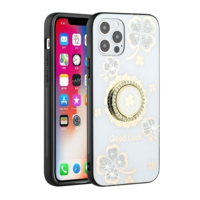 For Apple iPhone 11 (XI6.1) SQUARE Passion Glitter Diamond Ring Stand Case Cover - Floral Design White