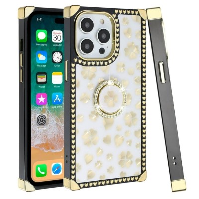 For Apple iPhone 11 (XI6.1) SQUARE Passion Glitter Diamond Ring Stand Case Cover - Heart Design Gold