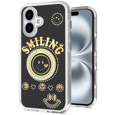 For Apple iPhone 11 (XI6.1) Smiling Glitter Ornament Bling With Ring Stand Hybrid Case Cover - Black