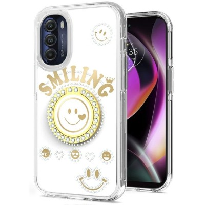 For Apple iPhone 11 (XI6.1) Smiling Glitter Ornament Bling With Ring Stand Hybrid Case Cover - White