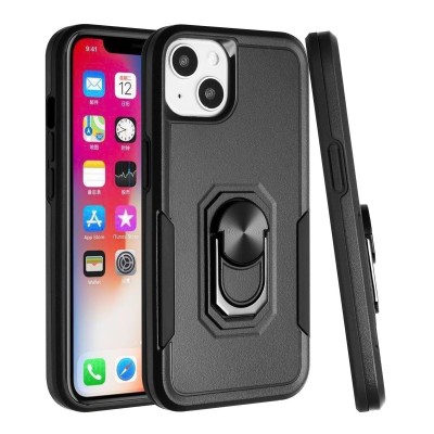 For Apple iPhone 11 (XI6.1) Thick 3in1 Silicone Hybrid with Double Ring Magnetic Kickstand Case Cover - Black