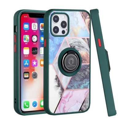 For Apple iPhone 11 (XI6.1) Unique IMD Design Magnetic Ring Stand Cover Case - Galaxy Marble on Green