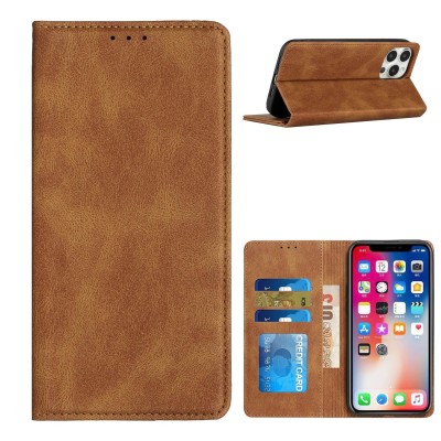 For Apple iPhone 11 (XI6.1) Wallet Premium PU Vegan Leather ID Card Money Holder with Magnetic Closure - Brown