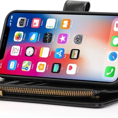 For Apple iPhone 11 (XI6.1) Wallet Premium PU Vegan Leather ID Multiple Card Holder Money with Strap - Black