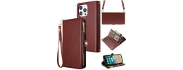 For Apple iPhone 11 (XI6.1) Purse Style Wallet Card ID Money Holder with Zip containing Long & Short Lanyard - Brown
