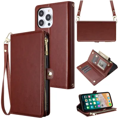 For Apple iPhone 11 (XI6.1) Purse Style Wallet Card ID Money Holder with Zip containing Long & Short Lanyard - Brown