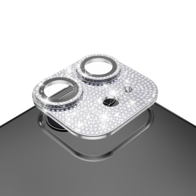For Apple iPhone 12 Diamond Bling Camera Lens Full Tempered Glass - Silver