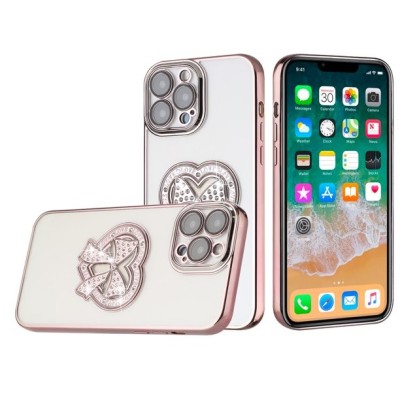For Apple iPhone 12 Pro Max 6.7 Chromed Logo Bling Glitter Ornaments Transparent Hybrid Case Cover - BowKnot Blue