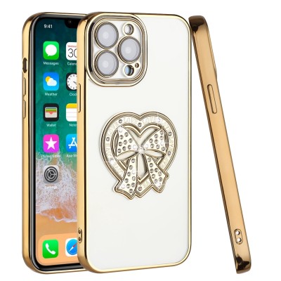 For Apple iPhone 12 Pro Max 6.7 Chromed Logo Bling Glitter Ornaments Transparent Hybrid Case Cover - BowKnot Midnight Green
