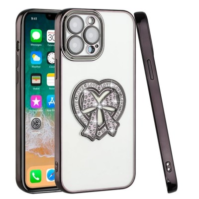 For Apple iPhone 12 Pro Max 6.7 Chromed Logo Bling Glitter Ornaments Transparent Hybrid Case Cover - BowKnot Black