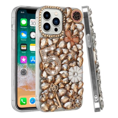 For Apple iPhone 12 Pro Max 6.7 Floral Full Diamond Bling Case Cover - Gold