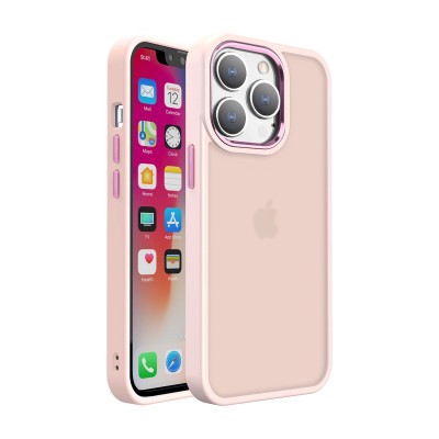 For Apple iPhone 12 Pro Max 6.7 Polished Oil Thick Acrylic Metal Button Hybrid Case Cover - Light Pink