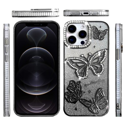 For Apple iPhone 12 Pro Max 6.7 SPLENDID Glitter Butterfly Design TPU Case Cover - Black