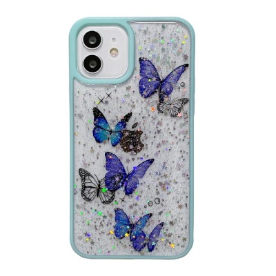 For Apple iPhone 12 Pro Max 6.7 SPLENDID Glitter Butterfly Design TPU Case Cover - Midnight Green