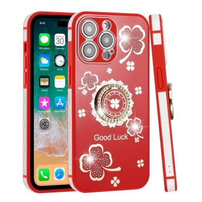 For Apple iPhone 12 Pro Max 6.7 SPLENDID Glitter Good Luck Floral Design TPU Case Cover - Red