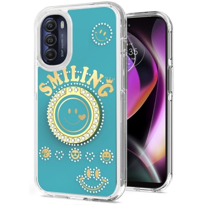 For Apple iPhone 12 Pro Max 6.7 Smiling Glitter Ornament Bling With Ring Stand Hybrid Case Cover - Pink