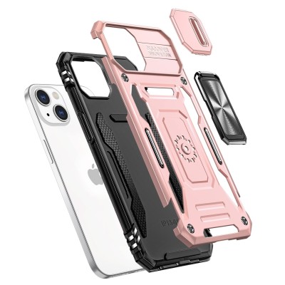 For Apple iPhone 12 Pro Max 6.7 Utter Tough Metal Ring Movable Camera Window Hybrid Case Cover - Rose Gold