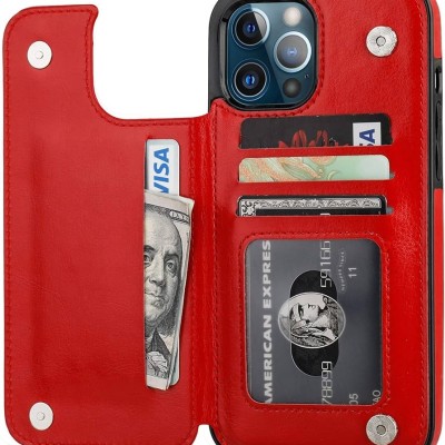 For Apple iPhone 12 Pro Max 6.7 Wallet Premium PU Vegan Leather ID Multiple Card Holder Money with Strap - Red