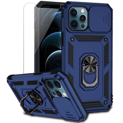 For Apple iPhone 12 Pro Max 6.7 Well Protective Magentic Ring Stand Camera Protective Cover Case - Blue