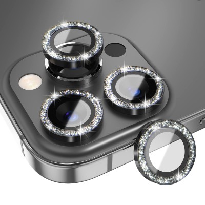 For Apple iPhone 13 Pro/13 Pro Max Diamond Bling Camera Lens Full Tempered Glass - Black