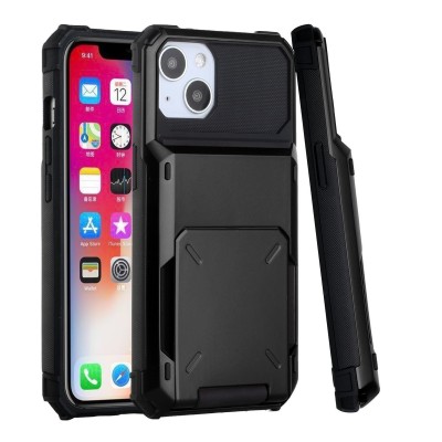 For Apple iPhone 14 6.1" Business Multiple Card Holder (Upto 5 Cards) Shockproof Hybrid Case Cover - Black