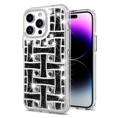 For Apple iPhone 14 6.1" Chromed Logo Bling Glitter Ornaments Transparent Hybrid Case Cover - BowKnot Silver