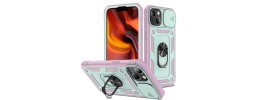 For Apple iPhone 14 6.1" DISCOVER Ring Stand Hybrid With Slide Camera Cover Case - Teal/Pink