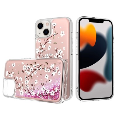 For Apple iPhone 14 6.1" Design Water Quicksand Glitter Case Cover - Light Pink Floral