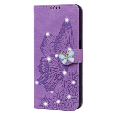 For Apple iPhone 14 6.1" Diamond Bling Design Wallet With Lanyard Cover Case - Colorful Butterfly