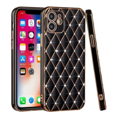 For Apple iPhone 14 6.1" Diamonds on Electroplated Grid Design TPU Case Cover - Black