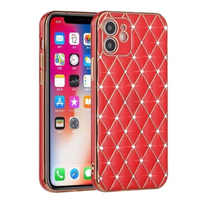 For Apple iPhone 14 6.1" Diamonds on Electroplated Grid Design TPU Case Cover - Red