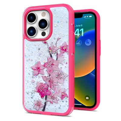 For Apple iPhone 14 6.1" Floral Epoxy Glitter Colorful Frame Hybrid Case Cover - E