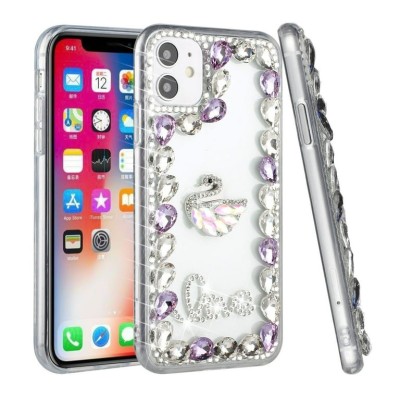 For Apple iPhone 14 6.1" Full Diamond with Ornaments Hard TPU Case Cover - Purple Love Bird