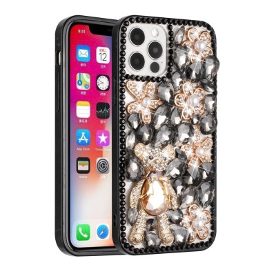 For Apple iPhone 14 6.1" Full Diamond with Ornaments Case Cover - Black Panda Floral Panda Floral