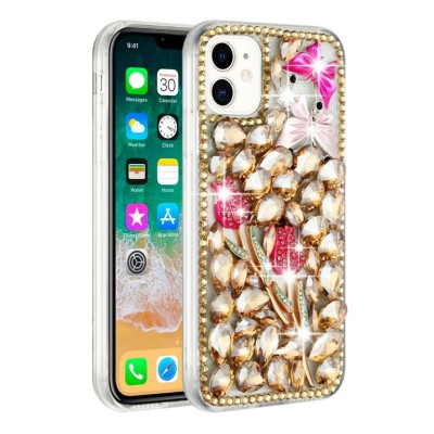 For Apple iPhone 14 6.1" Full Diamond with Ornaments Case Cover - Gold Exquisite Garden