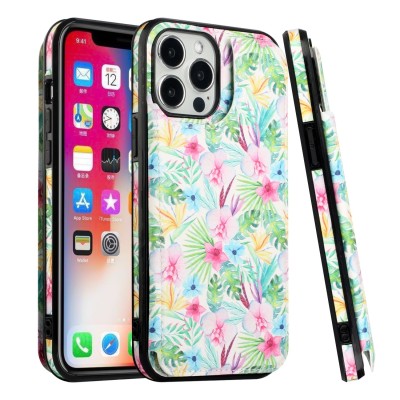 For Apple iPhone 14 6.1" Luxury Side Magnetic Button Card ID Holder PU Leather Case Cover - Foral B