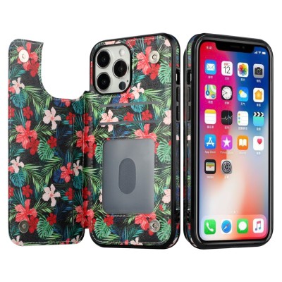 For Apple iPhone 14 6.1" Luxury Side Magnetic Button Card ID Holder PU Leather Case Cover - Foral C