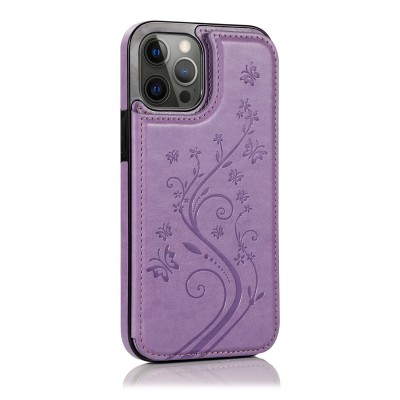 For Apple iPhone 14 6.1" Luxury Side Magnetic Button Card ID Holder PU Leather Case Cover - Rose Gold Butterfly Swirl
