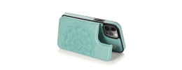 For Apple iPhone 14 6.1" Luxury Side Magnetic Button Card ID Holder PU Leather Case Cover - Teal Mandala Flower