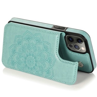 For Apple iPhone 14 6.1" Luxury Side Magnetic Button Card ID Holder PU Leather Case Cover - Teal Mandala Flower