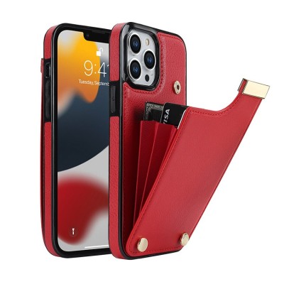 For Apple iPhone 14 6.1" Luxury Vertical Magnetic Button Card ID Holder PU Leather Case Cover - Red